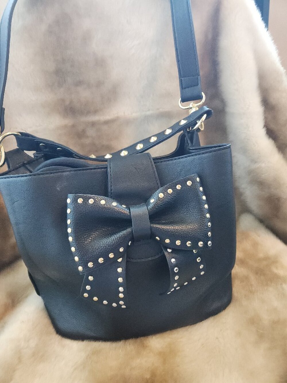 Betsy Johnson Crossbody Black with Gold Stud Bow